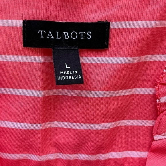 Talbots 100% cotton, coral & white pinstriped button-down ruffle trim shirt Sz L - Picture 12 of 15